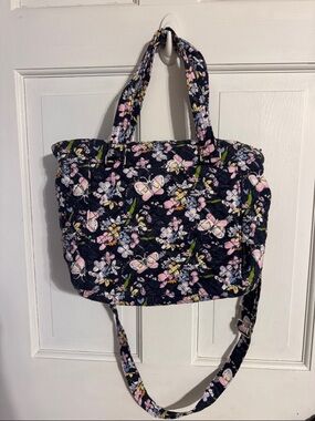 Vera Bradley Quilted Floral Navy Tote with Pink Accents